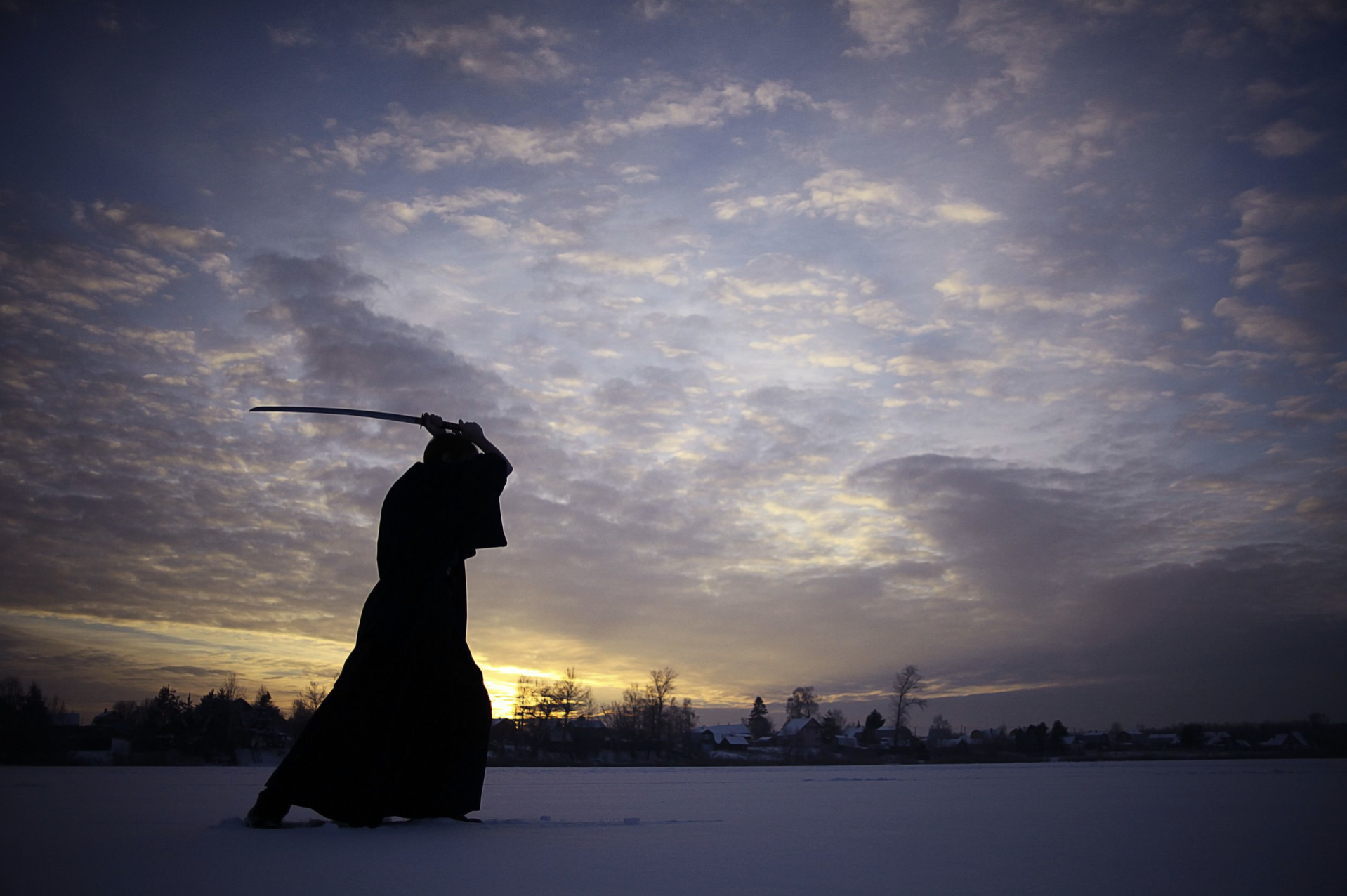 A swordsman in silhouette against a winter sunset